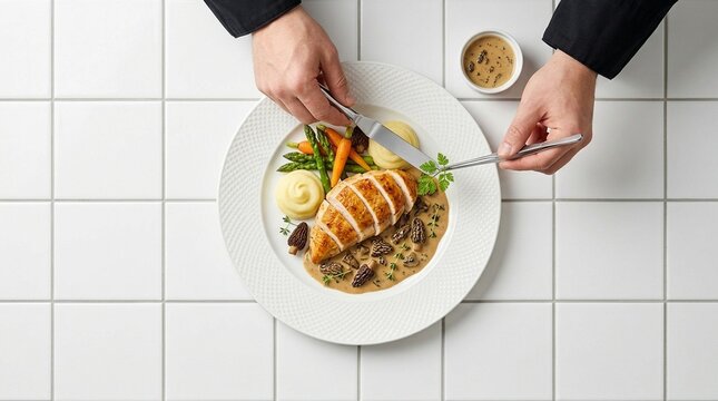 Supr&ecirc;me de volaille, chicken supreme morel cream sauce cut revealing interior, white background studio photo, gourmet French cuisine, professional food photography, commercial stock image