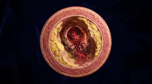 Atherosclerosis Cross Section Artery with Cholesterol Plaque and Blood Clot 3D Medical Illustration