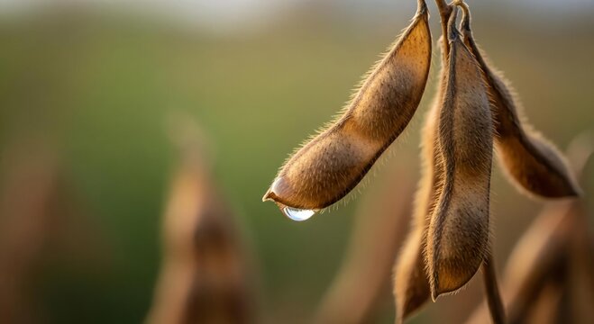 Closeup of dry soybean pods with dew drop on a blurred green background