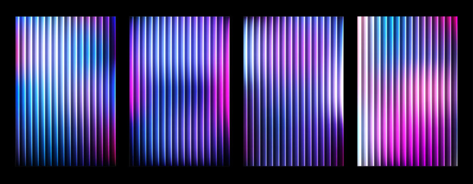 set of Futuristic glass texture neon vertical lines background.  fractal ripple pattern, riddle glass effect across neon gradient field, purple blue cyan tones.