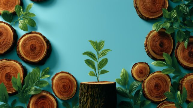 Young Plant Growing from Tree Stump Surrounded by Wood Slices and Leaves