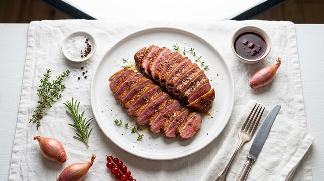 Magret de canard sliced, duck breast sliced fanned showing pink interior ingredients arranged, white background studio photo, gourmet French cuisine, professional food photography, commercial stock
