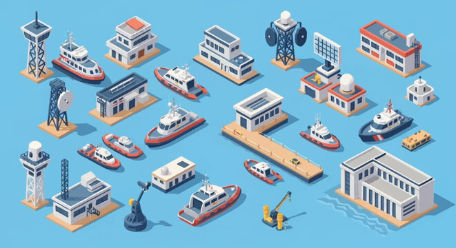 Collection of various industrial port structures and vessels.