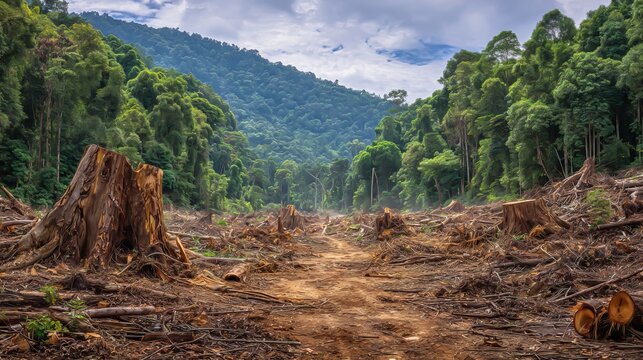 Deforested mountain valley with tree stumps and debris