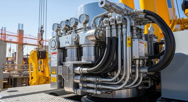 A complex arrangement of silver pipes, black hydraulic hoses, and pressure gauges mounted on a piece of heavy construction equipment or a crane