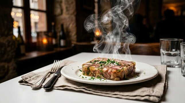 Presskopf head terrine, Alsatian head cheese presskopf slice ingredients arranged, sliced plated serving, gourmet French cuisine, professional food photography, commercial stock image