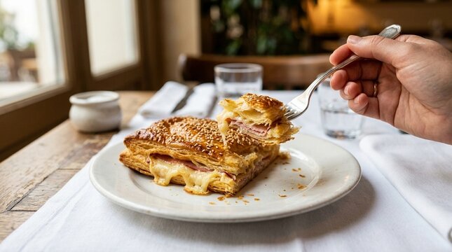 Feuillet&eacute; jambon fromage ham and cheese feuillet&eacute; puff pastry rectangle, golden ingredients arranged Phase One IQ4 150MP 80mm, white background studio photo, gourmet French cuisine, professional food
