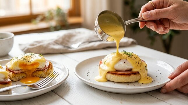 Sauce hollandaise pour, pale gold hollandaise sauce poured ladle, white background studio photo, gourmet French cuisine, professional food photography, commercial stock image