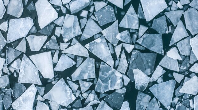 Abstract background of fractured ice pieces floating on dark water.