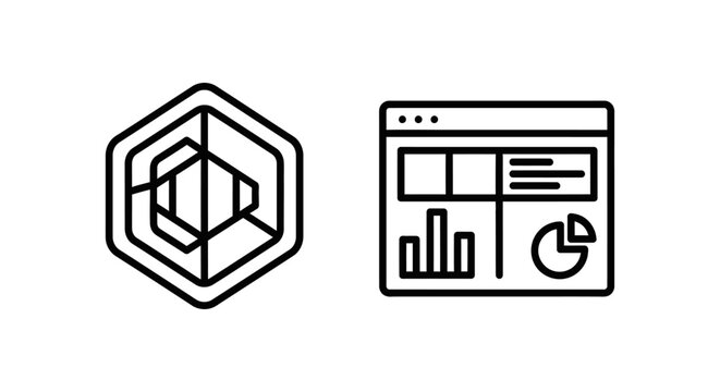 Data analysis and abstract cube icon set on white background with analysis business technology information statistics internet development software interface marketing management planning