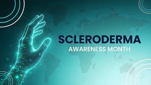 Digital illustration of a glowing human hand used for scleroderma awareness month featuring a detailed world map backdrop in this professional and informative medical concept image