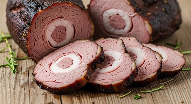 Close up of sliced roast beef with bone in center seasoned food on wood