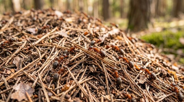 Close up of a large ant colony with numerous worker ants