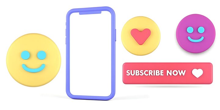 Smartphone with subscribe now button and colorful emojis on white background for social media concept