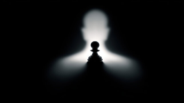 Asymmetric chess pawn with power shadow of human figure in dark background creates mysterious mood