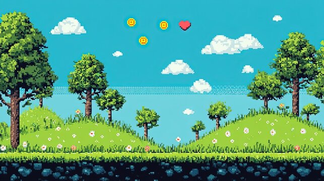 Pixel art game level blue sky green hills coins heart underground