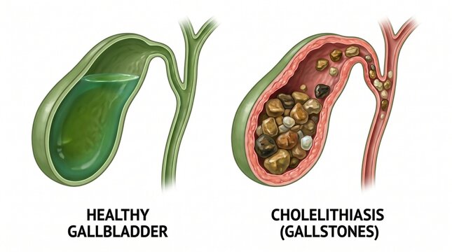 Cholelithiasis and Healthy Gallbladder Anatomy Comparison