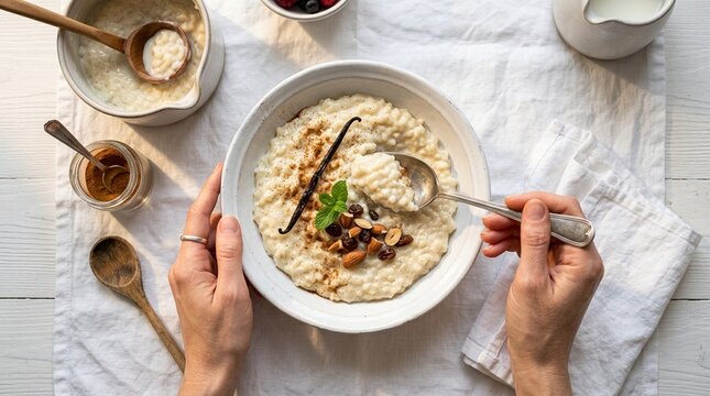 Riz au lait comfort, French rice pudding riz au lait, served in white bowl, gourmet French cuisine, professional food photography, commercial stock image