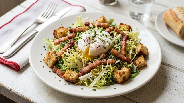 Salade lyonnaise fris&eacute;e, Lyon fris&eacute;e salad cro&ucirc;tons lardons poached egg fork, white background studio photo, gourmet French cuisine, professional food photography, commercial stock image