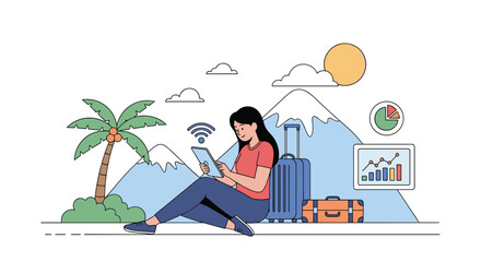 Fototapeta premium Digital nomad woman working remotely on tablet while traveling with suitcases between tropical beach and mountains.