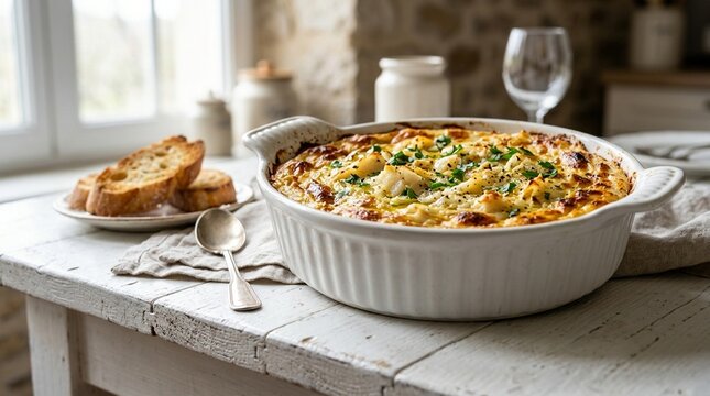 Brandade N&icirc;mes gratin&eacute;e, salt cod brandade de N&icirc;mes gratin dish, white background studio photo, gourmet French cuisine, professional food photography, commercial stock image