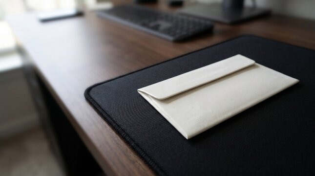 White paper envelope on a black desk mat for professional holiday greeting