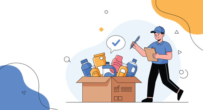 Delivery worker or inspector checking large cardboard box filled with plastic products for recycling or shipping purposes.
