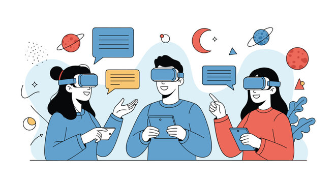 Diverse group of people using virtual reality headsets for education and communication in space themed metaverse.