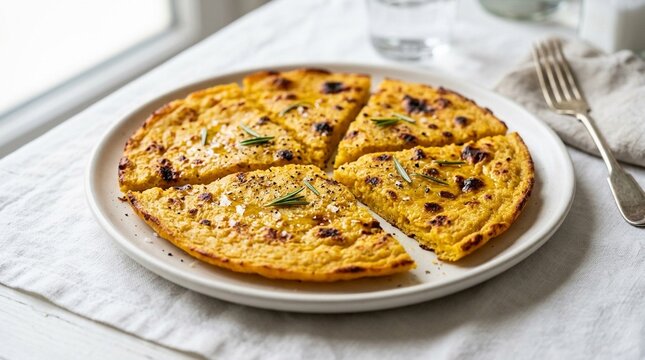 Socca chickpea flatbread, golden Ni&ccedil;oise socca chickpea flatbread, white background studio photo, gourmet French cuisine, professional food photography, commercial stock image