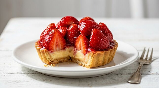 Tarte aux fraises, strawberry tart glazed red berries cr&egrave;me p&acirc;tissi&egrave;re shell cut revealing, white background studio photo, gourmet French cuisine, professional food photography, commercial stock image