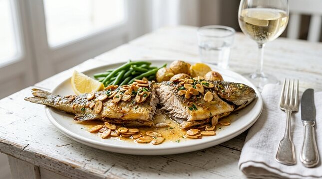 Truite amandine, trout amandine toasted almonds brown butter dramatic edge, white background studio photo, gourmet French cuisine, professional food photography, commercial stock image