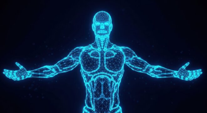 A blue skeleton with its arms outstretched illustration