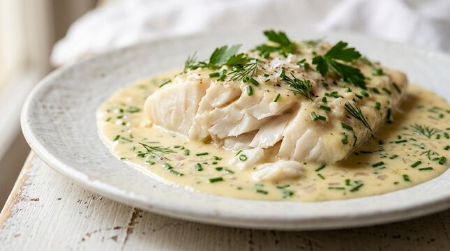 Turbot poch&eacute; beurre blanc, poached turbot beurre blanc, white background studio photo, gourmet French cuisine, professional food photography, commercial stock image