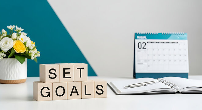 Wooden blocks with get goals text on office desk with calendar
