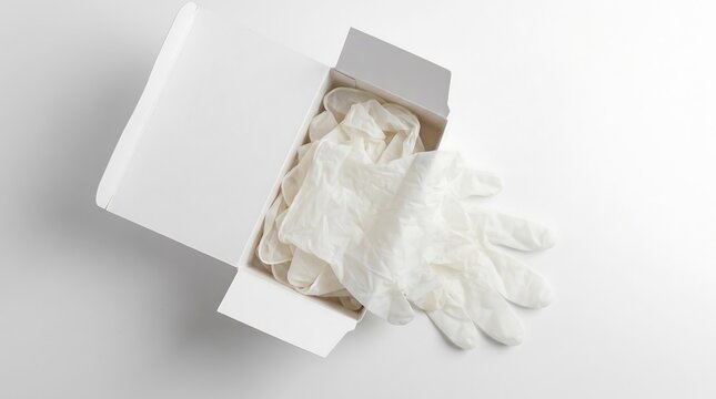 White disposable medical gloves spilling from open box on white surface high angle studio shot