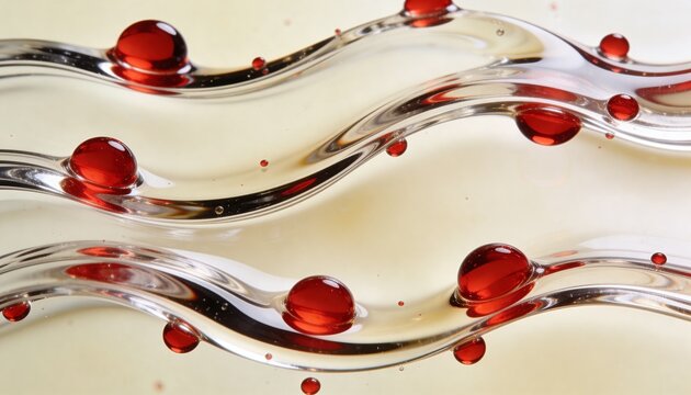 Showing three clear wavy glass ribbons flowing across pale cream backdrop, with red droplets