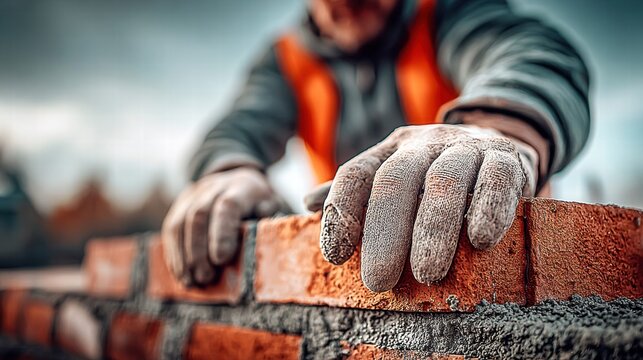 A skilled bricklayer carefully placing bricks with precision, hard at work on a new construction.