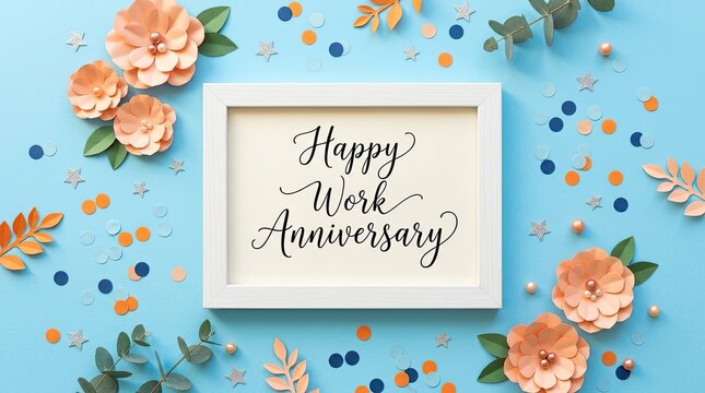 Elegant white picture frame displaying happy work anniversary text surrounded by paper craft flowers and colorful confetti on blue surface
