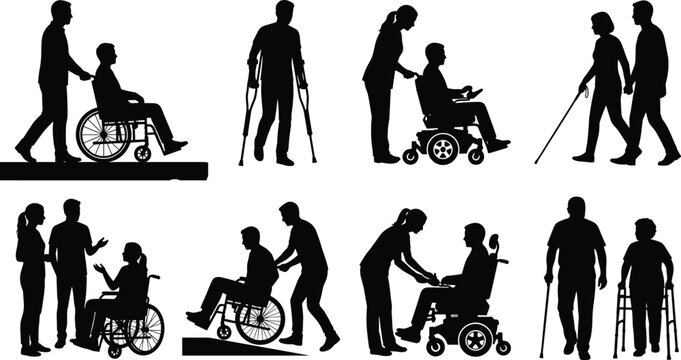 Disability care and wheelchair assistance silhouette collection featuring accessibility mobility support rehabilitation and inclusive healthcare concepts