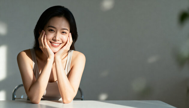 Smiling woman leaning on white table at home, wearing light tank top, sunlight casting soft shadows