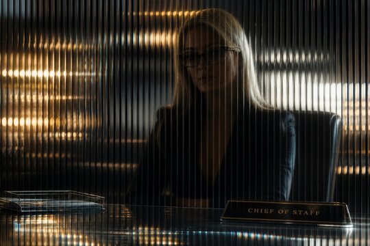 Serious Female Chief of Staff Sitting at Desk Behind Ribbed Glass Partition