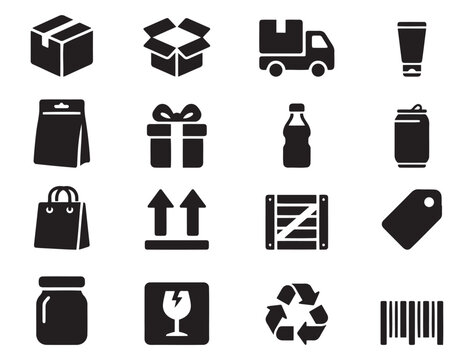 Black icons for delivery and packaging Vector, illustration