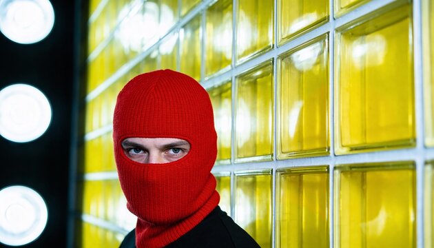 Posing man wearing red balaclava, black coat by yellow glass blocks with three lights, copy space