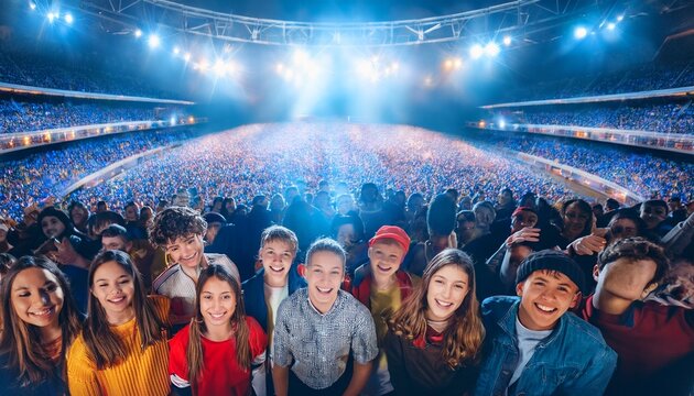 arena full of excited teenagers facing camera wide angle photograph light show bokeh concert stage in background generative ai