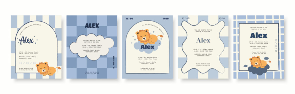 Cute Lion Baptism Invitation Card Set in Blue Pastel Colors