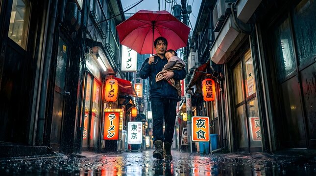 Father Carrying Sleeping Child with Umbrella in Rain on Father's Day
