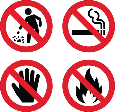 Set of four prohibition signs featuring no littering no smoking no touching and no fire symbols in red circle frames.