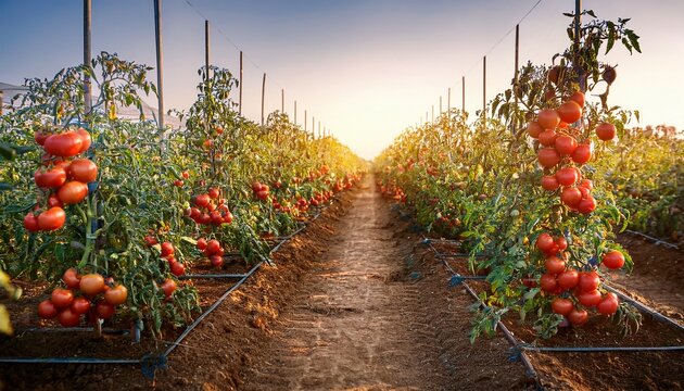 ripe tomato plants growing in tomato farm field selective focus organic farming concept organic and non gmo field crop concepts