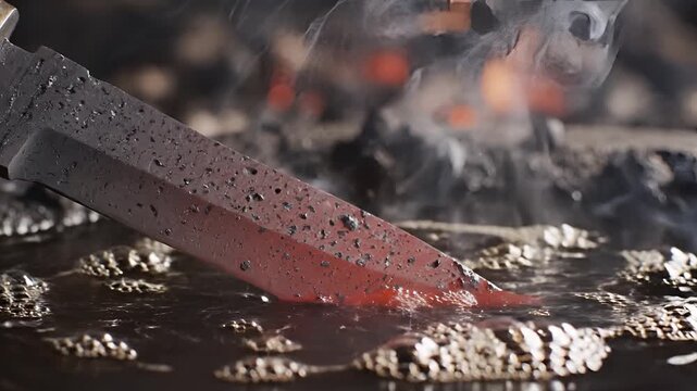 Blacksmith Quenches Hot Metal Blade in Oil Creating Sparks and Steam.