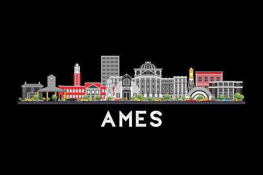 Modern Ames, Iowa, USA skyline illustration with iconic buildings, colorful urban architecture, and black background cityscape design.